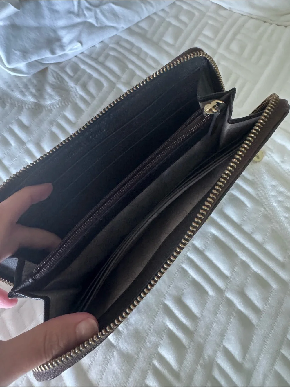 Michael Kors Dark Brown Logo Zip Wallet with Gold Plaque